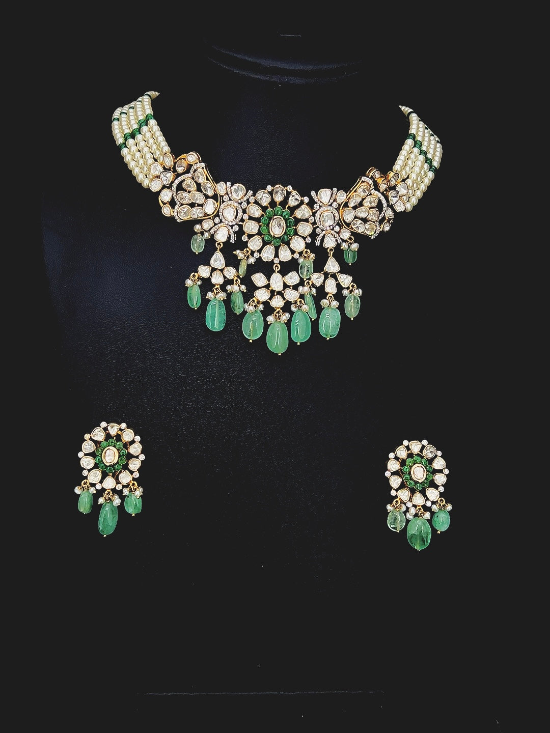 Polki Flower Green drop Set